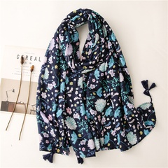 Retro ethnic style navy blue colored floral cotton and linen feel scarf warm sunscreen silk scarf travel shawl