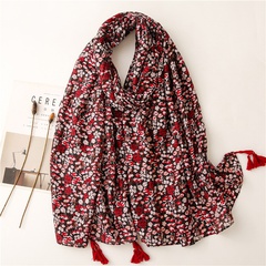 Estilo étnico literario retro rojo pequeño floral algodón y lino bufanda de tacto cálido protector solar bufanda de seda chal de viaje