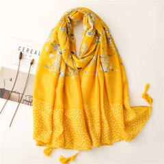 Retro literary ethnic style bright yellow small floral cotton and linen feel scarf warm sunscreen silk scarf travel shawl