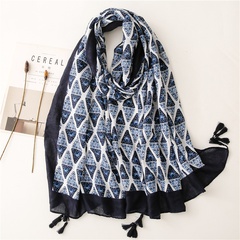 Retro estilo étnico literario azul marino triángulo de algodón y lino bufanda de tacto cálido protector solar bufanda de seda chal de viaje