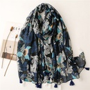 new style cotton and linen feel scarf navy blue big leaf soft fabric printing travel sunscreen shawl silk scarfpicture12