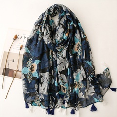 Foulard en coton et lin de style nouveau foulard en soie bleu marine grande feuille impression de tissu doux crème solaire de voyage châle