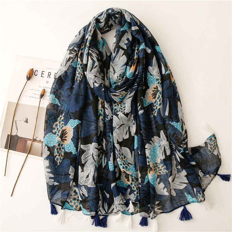 new style cotton and linen feel scarf navy blue big leaf soft fabric printing travel sunscreen shawl silk scarf