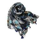 new style cotton and linen feel scarf navy blue big leaf soft fabric printing travel sunscreen shawl silk scarfpicture16