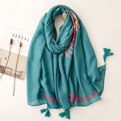 Fashionable soft satin cotton and linen feel scarf green flamingo decoration travel sunscreen shawl silk scarf