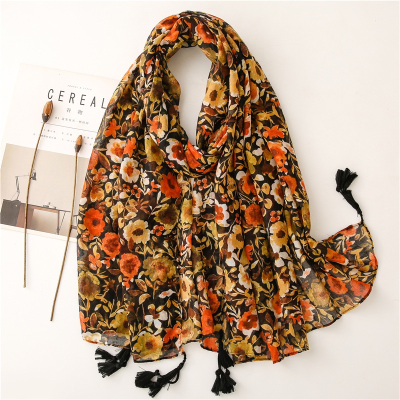new style cotton and linen feel scarf female dark color flower printing Bali yarn travel sunscreen shawl silk scarf
