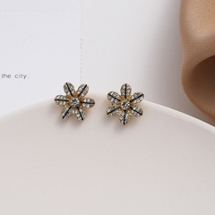 S925 silver needle retro flower rhinestone earrings simple Korean temperament earrings