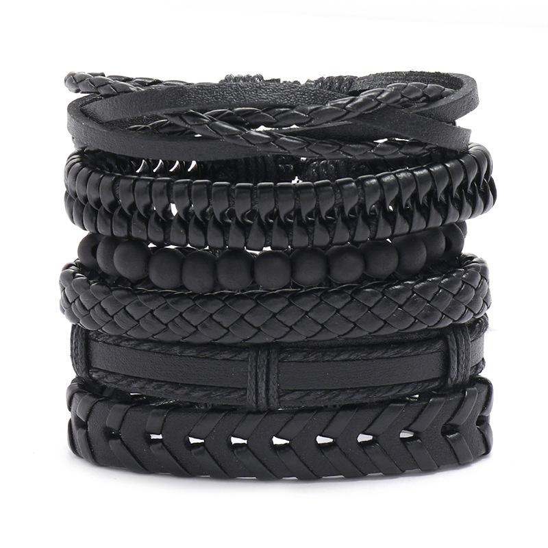 retro black woven mens leather bracelet simple diy combination set bracelet