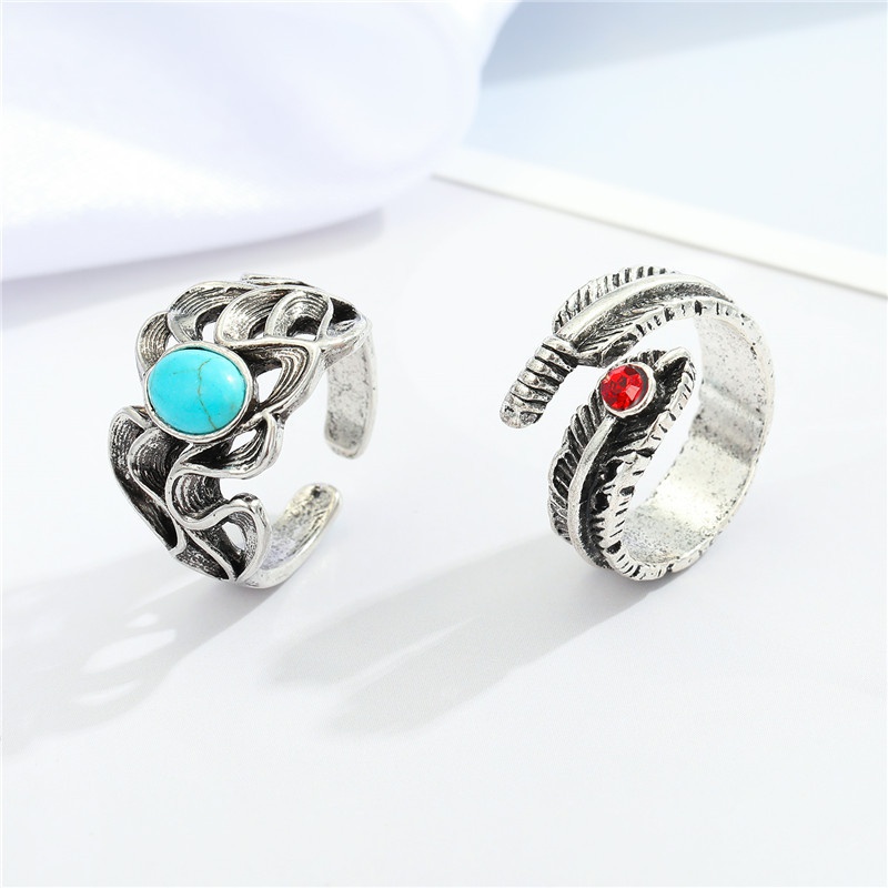 trend punk retro golden red stone feather ring female hollow turquoise open ring crossborder