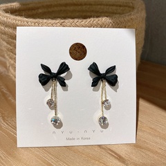 925 Silver Needle Black Bowknot Tassel Long Earrings Super Flash Rhinestone Earrings