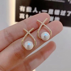 Autumn and winter new cross letter pearl earrings retro temperament French earrings