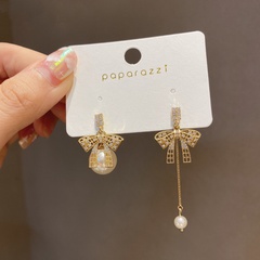 South Korea Pearl Tassel Earrings Hollow Bowknot 925 Silver Needle Earrings Crystal Earrings