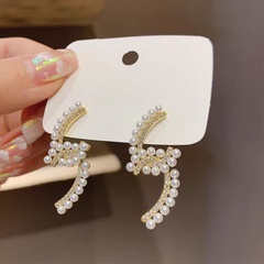 new retro temperament pearl silver needle stud earrings cross C-shaped earrings Korean earrings