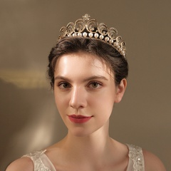 Baroque alloy crown European and American wedding bridal jewelry banquet performance headdress rhinestone pearl crown