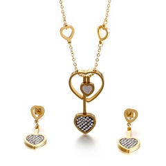 Korean heart titanium steel diamond hollow fashion necklace earrings two-piece wholesale