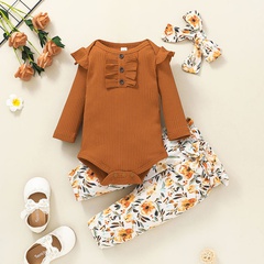 Autumn baby printing pit strip two-piece romper children's clothing baby long-sleeved one-piece trousers suit
