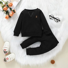 Autumn children's long-sleeved T-shirt trousers black suit Korean version pullover sweater pit strip two-piece set