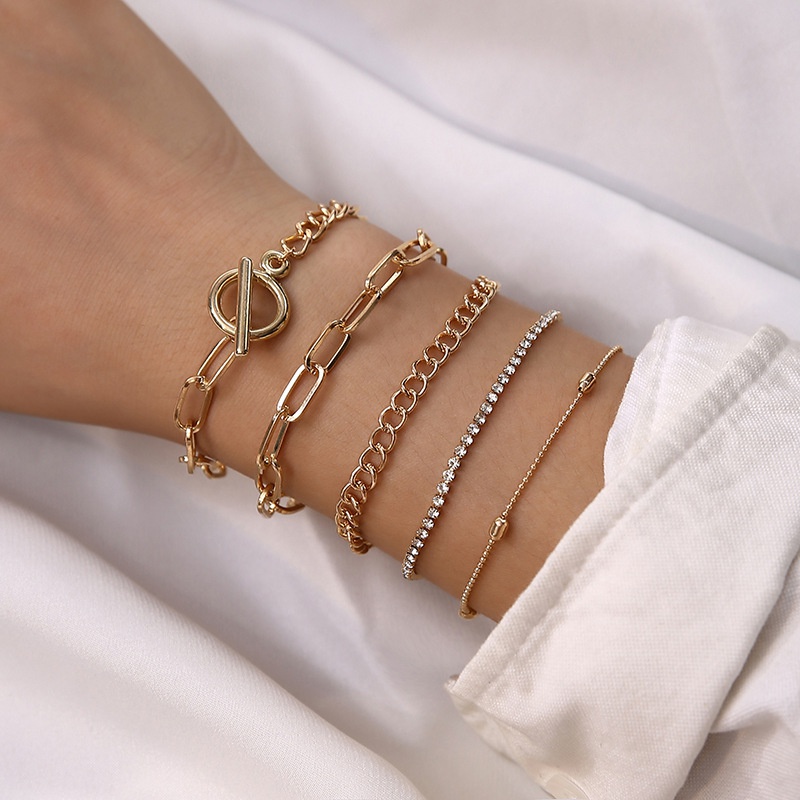 fashion OL bracelet trend OT buckle multilayer popular diamond chain hollow round bead bracelet 5piece set