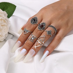 cross-border new ring set retro hollow carved oil dripping black gemstone joint ring ring 8-piece set
