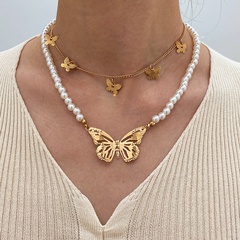 cross-border double-layer hollow butterfly creative retro clavicle chain temperament pearl double-layer necklace
