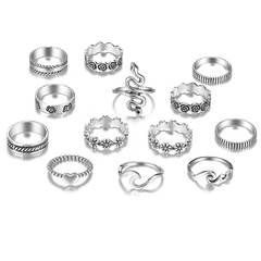 European and American cross-border personality exaggerated snake-shaped joint ring retro flower love geometric ring set 13-piece set