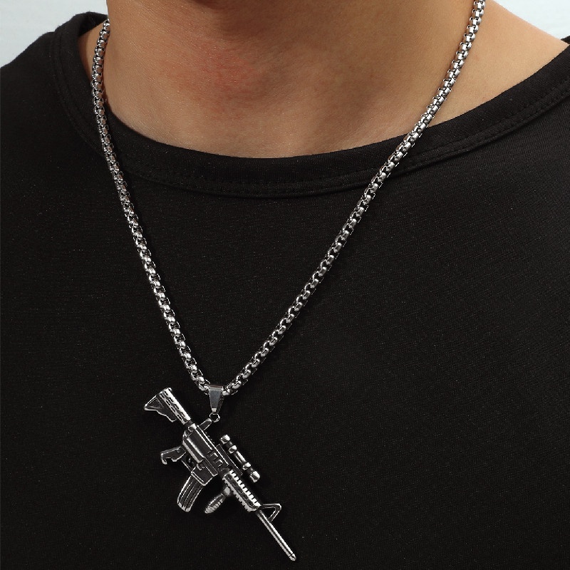 2021 European and American personality hip hop rock stainless steel gun pendant mens necklace