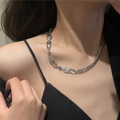 collier à double couche en acier inoxydable avec épingle en zircon bleu ciel à la mode en gros Nihaojewelry's discount tags