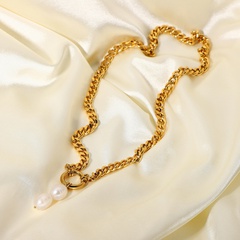 Collier de chaîne cubaine en acier inoxydable européen et américain en acier inoxydable 18K avec pendentif en forme de perle et fermoir à ressort