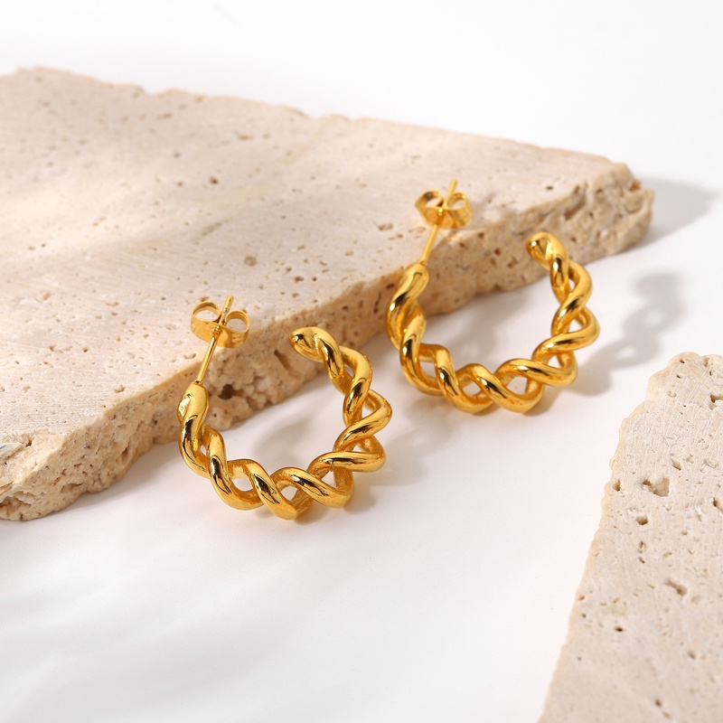 18K goldplated hoop jewelry doubleline crosswound twisted geometric Cshaped earrings stainless steel earrings