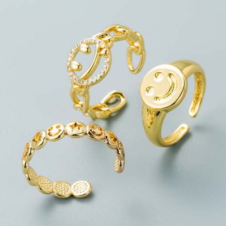 einfacher Retro-Kupfer-Mikro-Intarsien-Zirkon geometrische Smiley-Öffnung verstellbarer Ring Großhandel nihaojewelry's discount tags