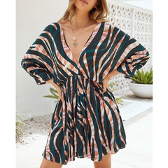 color stripe printing V-neck tie long-sleeved dress wholesale Nihaojewelry