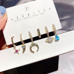 Koreanische Farbe Kristall Diamant Mond Stern Gestreifte Wassertropfen Ohrringe Sechsteiliges Set Großhandel Nihaojewelry