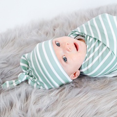 Factory Direct Sales Cross-Border Baby Wrap Blanket Green Stripe Baby's Blanket Newborn Swaddling Pull Hat Set
