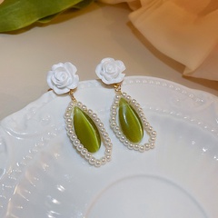 retro green opal pearl resin flower pendant earrings wholesale nihaojewelry