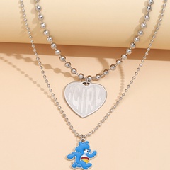 Fashion Bear Heart Lettering Pendant Double-Layer Stainless Steel Necklace Wholesale Nihaojewelry