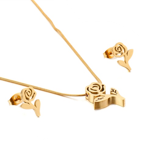 fashion rose flower stainless steel earrings necklace set wholesale Nihaojewelry's discount tags