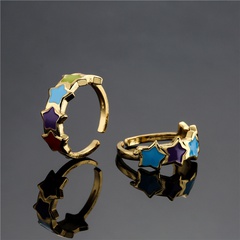 Aogu Cross-Border Supply Fresh Style Rainbow Color Drop Oil Personality Five-Pointed Star Open Ring Copper Plated Real Gold