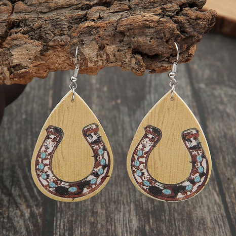 retro western cowboy horseshoe printed double-sided pu earrings wholesale Nihaojewelry's discount tags