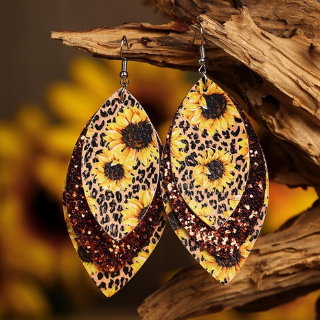 creative sunflower printing three-layer sequin leaf-shaped earrings wholesale Nihaojewelry's discount tags