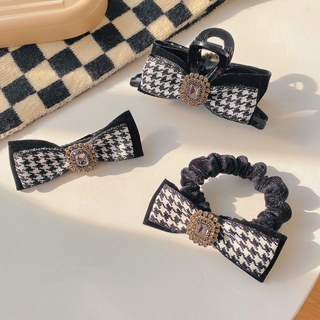 Fashion retro houndstooth bow hairpin catch clip rhinestone rubber band hair rope NHENY567273's discount tags