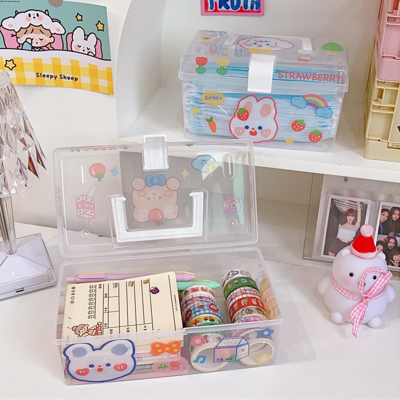 Portable transparent with cover dormitory cosmetic stationery storage box