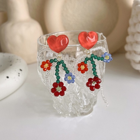 retro red heart color crystal flower beaded bow contrast color earrings's discount tags