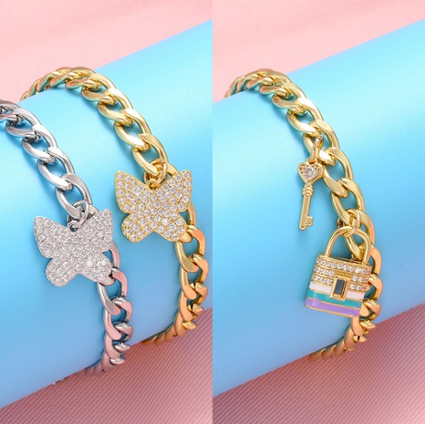 fashion bead buckle micro-set zircon butterfly key lock pendant copper bracelet's discount tags