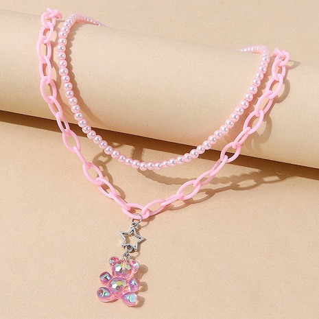 European fresh cute resin pink bear pearl necklace set NHPS592750's discount tags