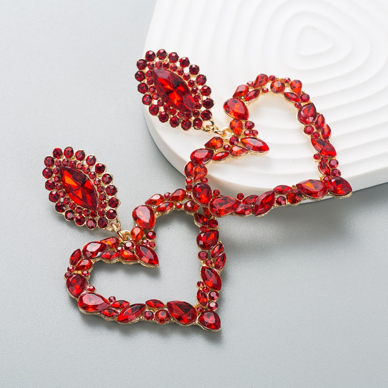 Red Heart Shaped Alloy Rhinestone Exaggerated Earrings Wholesale