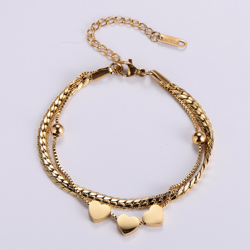 Bijoux pour femmes en gros Bracelet double coeur en acier inoxydable plaqu or 18 carats