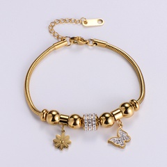 Bracelet en perles de boule de diamant incrusté de papillon de petite fleur en acier inoxydable en gros 18 carats