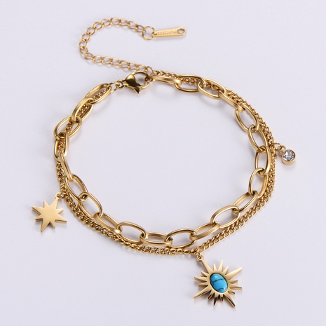Women's Stainless Steel Rose Gold Star Set Turquoise Sun Pendant Double Layer Bracelet's discount tags
