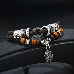 retro rosewood beads leaves beaded bracelet alloy leaves woven PU leather bracelet