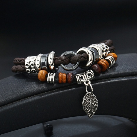 retro rosewood beads leaves beaded bracelet alloy leaves woven PU leather bracelet's discount tags